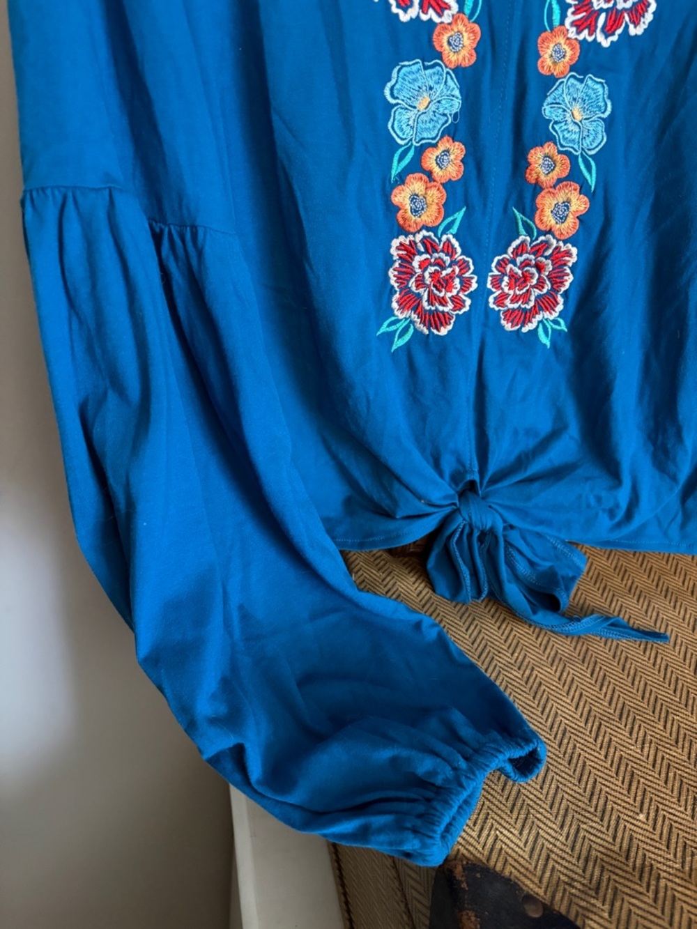 Rock & Roll Cowgirl Teal V-Neck Embroidered Tie-Front Blouse - Picture 3 of 4